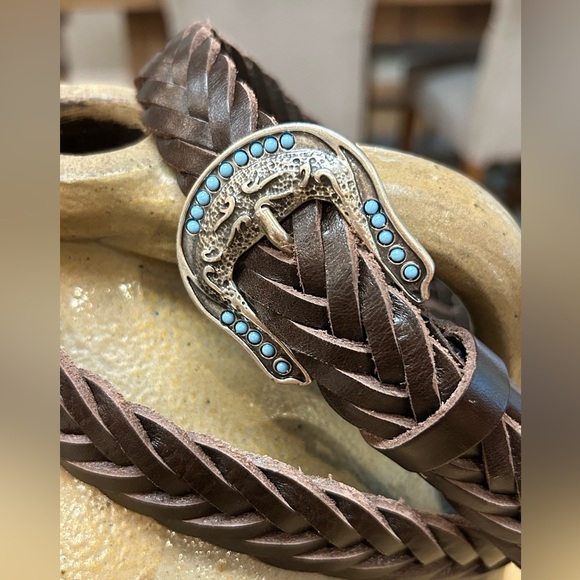 Western Italian Brown Braided Leather Belt with Silver Buckle(Unisex) - Picture 2 of 11